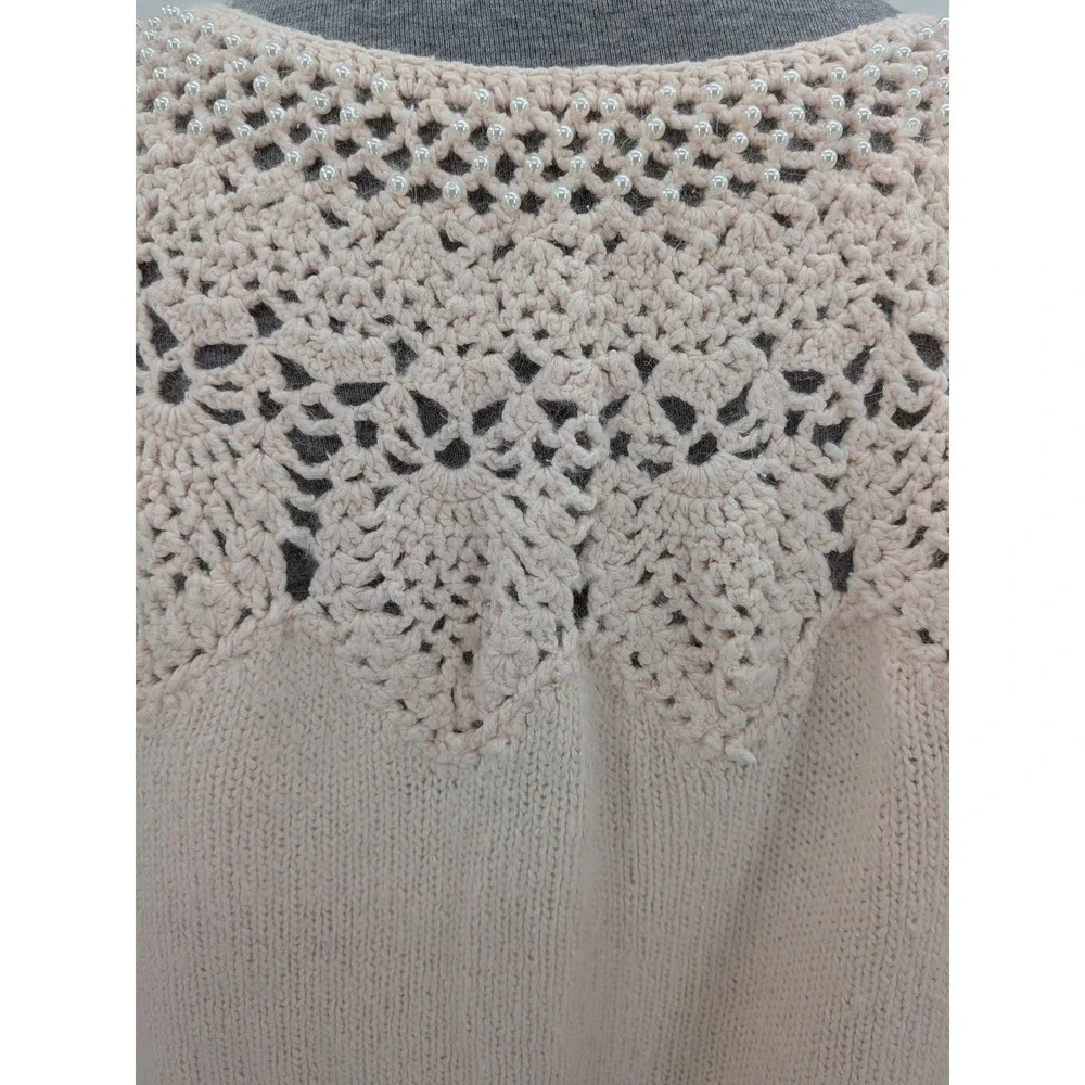 Cottagecore Prairie Pale‎ Baby Pink Crochet Lace Pearls Vintage Knit M Sweater